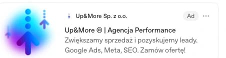 Podgląd karty reklamowej ChatGPT Ads: kwadratowa grafika po lewej, obok nazwa reklamodawcy, plakietka Ad, tytuł reklamy i dwuwierszowy opis oferty
