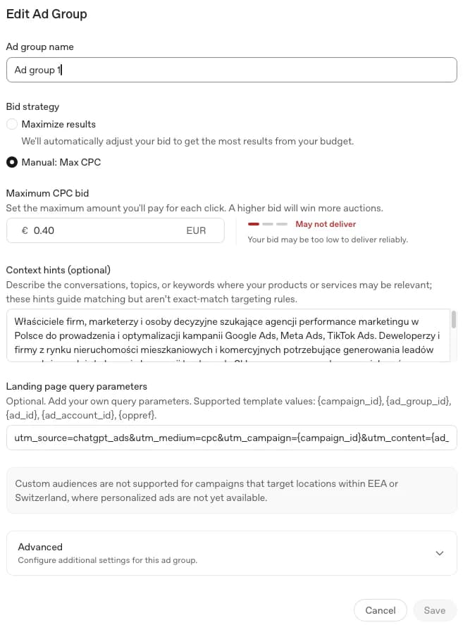 Ekran Edit Ad Group w OpenAI Ads Manager: nazwa grupy, strategia Manual Max CPC ze stawką 0,40 EUR i wskaźnikiem May not deliver, pole Context hints z opisem odbiorcy, pole Landing page query parameters oraz komunikat o braku custom audiences w EOG