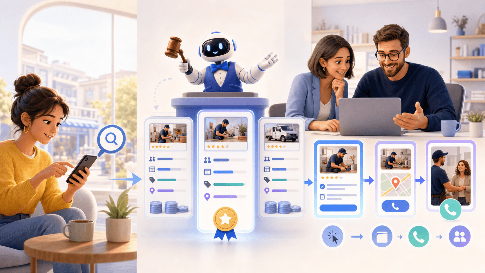 Klient wyszukuje usługę, robot prowadzi aukcję reklam, a specjalista analizuje drogę od reklamy do telefonu i sprzedaży